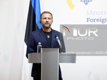 Minister of Foreign Affairs of the Republic of Estonia Margus Tsahkna is attending a joint briefing with Minister of Foreign Affairs of Ukra...