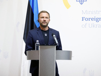 Minister of Foreign Affairs of the Republic of Estonia Margus Tsahkna is attending a joint briefing with Minister of Foreign Affairs of Ukra...