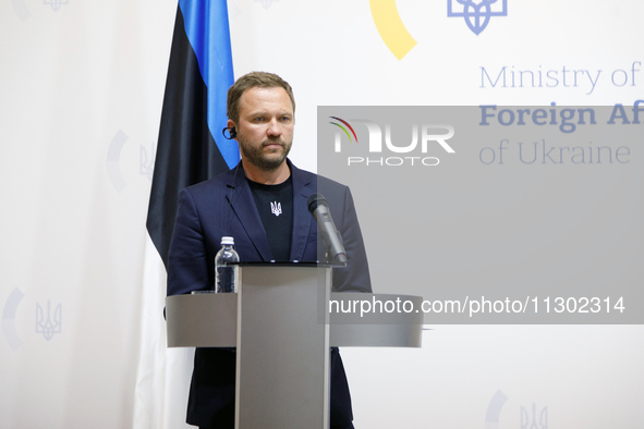 Minister of Foreign Affairs of the Republic of Estonia Margus Tsahkna is attending a joint briefing with Minister of Foreign Affairs of Ukra...