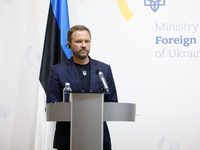 Minister of Foreign Affairs of the Republic of Estonia Margus Tsahkna is attending a joint briefing with Minister of Foreign Affairs of Ukra...