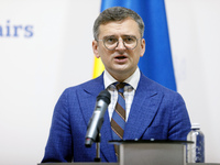 Minister of Foreign Affairs of Ukraine Dmytro Kuleba is attending a joint briefing with Minister of Foreign Affairs of the Republic of Eston...