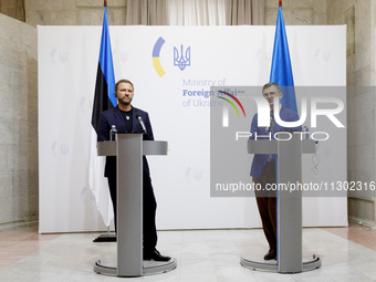 Minister of Foreign Affairs of Ukraine Dmytro Kuleba (R) and Minister of Foreign Affairs of the Republic of Estonia Margus Tsahkna are being...