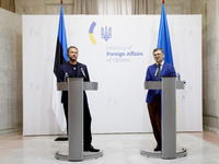 Minister of Foreign Affairs of Ukraine Dmytro Kuleba (R) and Minister of Foreign Affairs of the Republic of Estonia Margus Tsahkna are being...