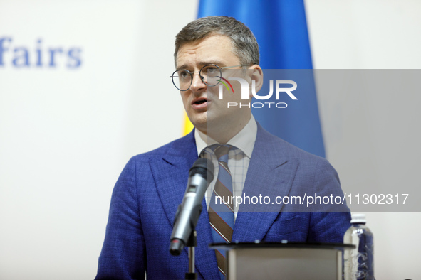 Minister of Foreign Affairs of Ukraine Dmytro Kuleba is attending a joint briefing with Minister of Foreign Affairs of the Republic of Eston...