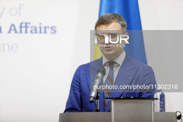 Minister of Foreign Affairs of Ukraine Dmytro Kuleba is attending a joint briefing with Minister of Foreign Affairs of the Republic of Eston...