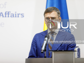 Minister of Foreign Affairs of Ukraine Dmytro Kuleba is attending a joint briefing with Minister of Foreign Affairs of the Republic of Eston...