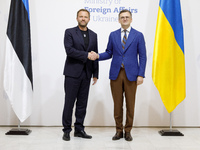 Minister of Foreign Affairs of Ukraine Dmytro Kuleba (R) is shaking hands with Minister of Foreign Affairs of the Republic of Estonia Margus...