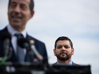 Rep. Raul Ruiz (D-CA) (right) participates in a press conference at the Capitol prior to a hearing of the House Select Committee on the Coro...