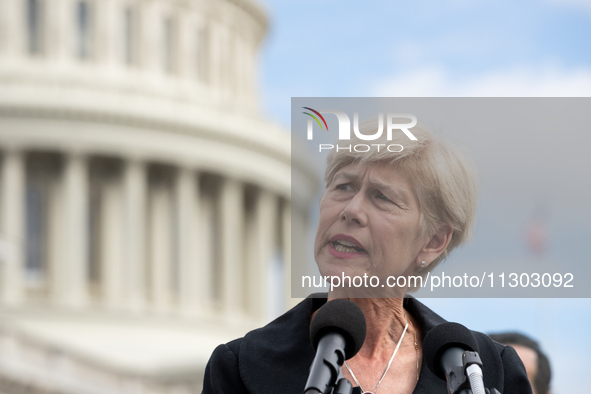 Rep. Deborah Ross (D-NC) speaks during a press conference on a hearing of the House Select Committee on the Corona Virus Pandemic, that will...