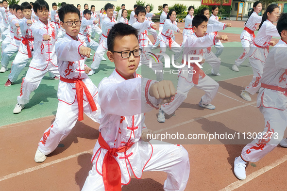 Students are practicing martial arts during a class break at the Second Experimental Primary School in Guanyun County, Lianyungang city, in...