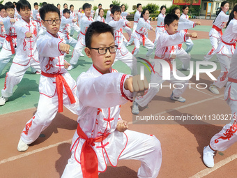 Students are practicing martial arts during a class break at the Second Experimental Primary School in Guanyun County, Lianyungang city, in...