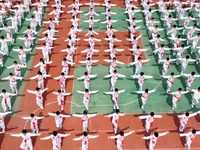 Students are practicing martial arts during a class break at the Second Experimental Primary School in Guanyun County, Lianyungang city, in...