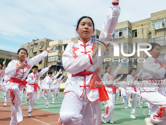 Students are practicing martial arts during a class break at the Second Experimental Primary School in Guanyun County, Lianyungang city, in...