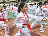 Students are practicing martial arts during a class break at the Second Experimental Primary School in Guanyun County, Lianyungang city, in...