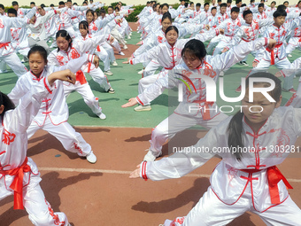 Students are practicing martial arts during a class break at the Second Experimental Primary School in Guanyun County, Lianyungang city, in...