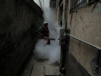 A municipal worker from the Department of Health Service is fumigating vapor to stem the spread of dengue in Dhaka, Bangladesh, on June 4, 2...