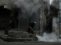 A municipal worker from the Department of Health Service is fumigating vapor to stem the spread of dengue in Dhaka, Bangladesh, on June 4, 2...