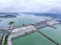 The water level in front of the Three Gorges Reservoir is falling to 145.56 meters above sea level in Yichang, China, on June 5, 2024. The T...