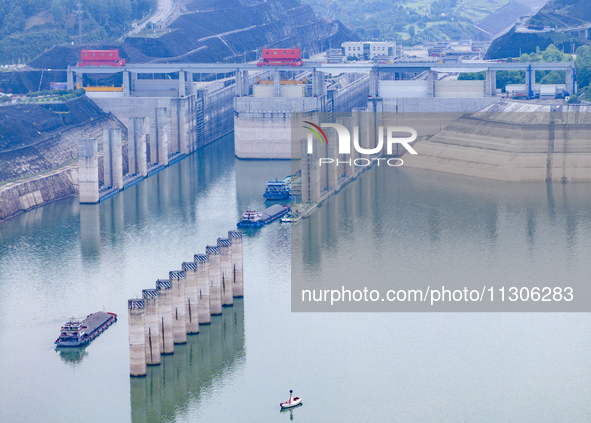 The water level in front of the Three Gorges Reservoir is falling to 145.56 meters above sea level in Yichang, China, on June 5, 2024. The T...