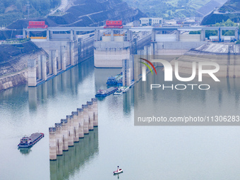 The water level in front of the Three Gorges Reservoir is falling to 145.56 meters above sea level in Yichang, China, on June 5, 2024. The T...