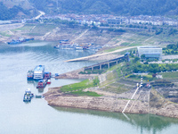 The water level in front of the Three Gorges Reservoir is falling to 145.56 meters above sea level in Yichang, China, on June 5, 2024. The T...