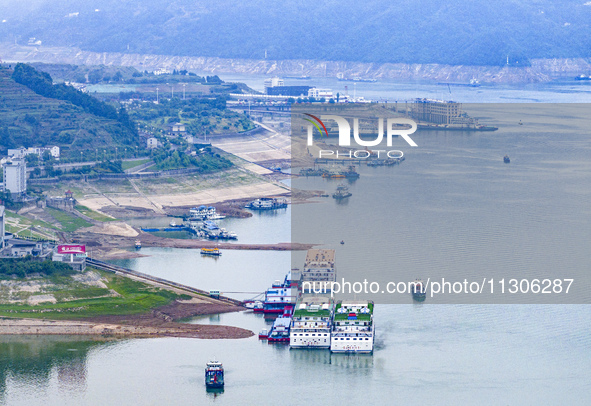 The water level in front of the Three Gorges Reservoir is falling to 145.56 meters above sea level in Yichang, China, on June 5, 2024. The T...