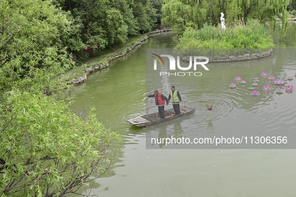 Volunteers are cleaning up floating objects on a river in Qingzhou, China, on June 5, 2024. 