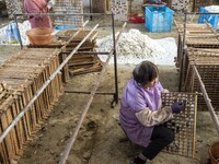 Workers are picking cocoons at a silkworm farm in Haian, China, on June 4, 2024. (