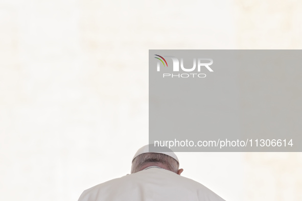 Pope Francis is being photographed from behind with the skullcap and white background during his weekly general audience in Saint Peter's Sq...