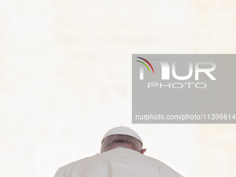 Pope Francis is being photographed from behind with the skullcap and white background during his weekly general audience in Saint Peter's Sq...