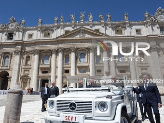 Pope Francis is leaving at the end of his weekly general audience in St. Peter's Square, at the Vatican, on June 5, 2024. (