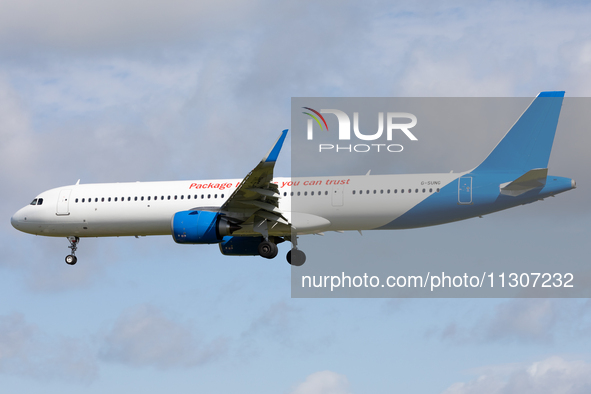 A Jet2 Airbus A321 is at Newcastle Airport in England on June 5, 2024. 