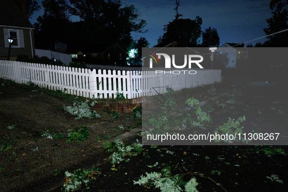 Fallen branches cover the roadway in a Gaithersburg, Maryland neighborhood on June 5, 2024, after a tornado swept through the region. 