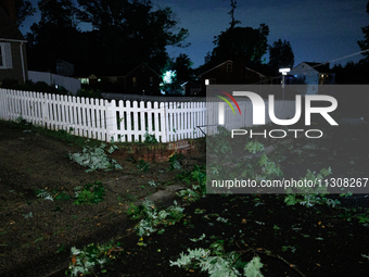 Fallen branches cover the roadway in a Gaithersburg, Maryland neighborhood on June 5, 2024, after a tornado swept through the region. (