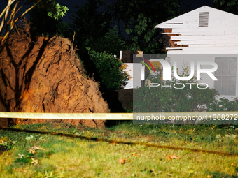 A fallen tree rests inside a home on Dogwood Drive in Gaithersburg, Maryland on June 5, 2024, after a tornado swept through the region. (