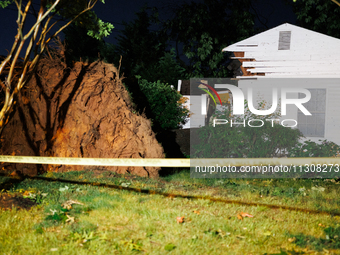 A fallen tree rests inside a home on Dogwood Drive in Gaithersburg, Maryland on June 5, 2024, after a tornado swept through the region. (