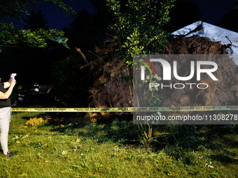 A fallen tree rests in a home on Dogwood Drive in Gaithersburg, Maryland on June 5, 2024, after a tornado swept through the region. (