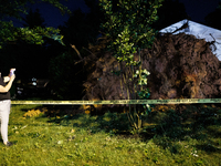 A fallen tree rests in a home on Dogwood Drive in Gaithersburg, Maryland on June 5, 2024, after a tornado swept through the region. (