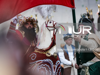 Lajkonik, a folklore symbol of Krakow,dances during the Lajkonik March in the Old Town of Krakow, Poland on June 6, 2024. Centuries long tra...