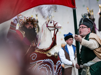 Lajkonik, a folklore symbol of Krakow,dances during the Lajkonik March in the Old Town of Krakow, Poland on June 6, 2024. Centuries long tra...