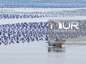 Fishermen are driving their fishing boats to carry out marine farming operations at the ocean ranch in Lianjiang County, Fuzhou, China, on J...