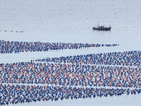 Fishermen are driving their fishing boats to carry out marine farming operations at the ocean ranch in Lianjiang County, Fuzhou, China, on J...