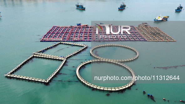 Fishermen are driving their fishing boats to carry out marine farming operations at the ocean ranch in Lianjiang County, Fuzhou, China, on J...