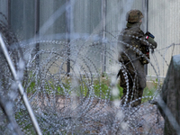 A soldier is keeping watch and observing the area by the border wall in a forest in Podlasie, Poland, on June 6, 2024. (