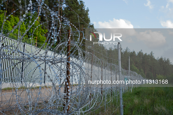 A general view of the area with barbed wire at a sign by the border wall in a forest in Podlasie, Poland, on June 6, 2024. 