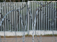 A general view of the area with barbed wire at a sign by the border wall in a forest in Podlasie, Poland, on June 6, 2024. (