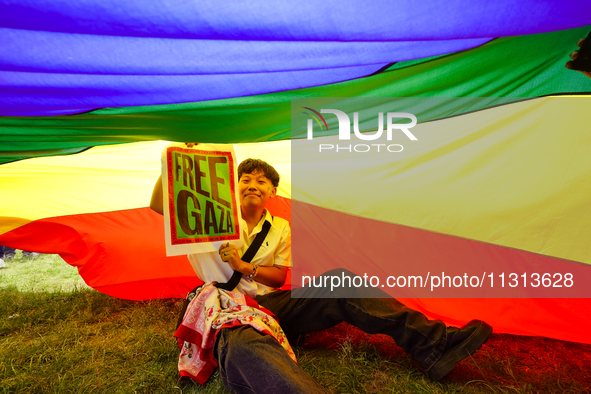 A participant is holding a placard reading ''FREE GAZA'' during the annual Pride Parade in Kathmandu, Nepal, on June 8, 2024. Hundreds of me...