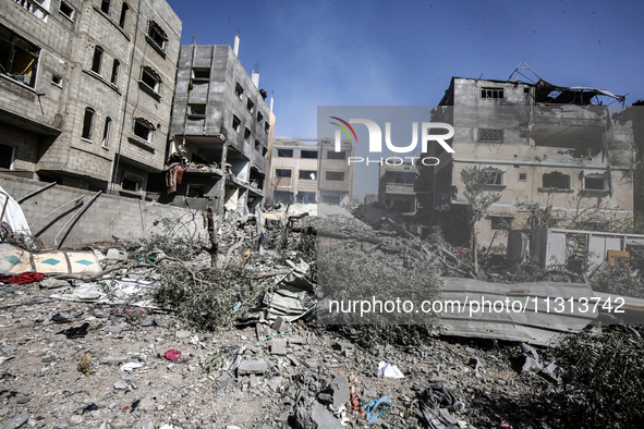 A view is showing destroyed buildings following operations by the Israeli Special Forces in the Nuseirat camp, in the central Gaza Strip, on...