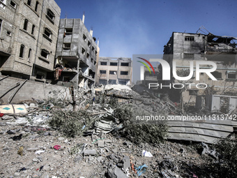 A view is showing destroyed buildings following operations by the Israeli Special Forces in the Nuseirat camp, in the central Gaza Strip, on...