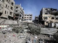 A view is showing destroyed buildings following operations by the Israeli Special Forces in the Nuseirat camp, in the central Gaza Strip, on...